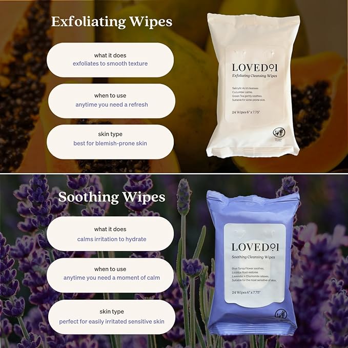 Loved01 Face & Body Cleansing Wipes, John Legend Skincare, Oil Free, No Rinse, Green Tea Extract, Blemish Prone Skin, Lavender Scent, On the Go, Vegan & Cruelty-Free, 24 Wipes