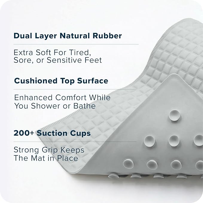 SlipX Solutions Pillow Top Cushioned Bath Mat, Non Slip Comfort Underfoot, 700 Air-Filled Pillows, Soft Shower Mat, Strong Suction Cups, Gray