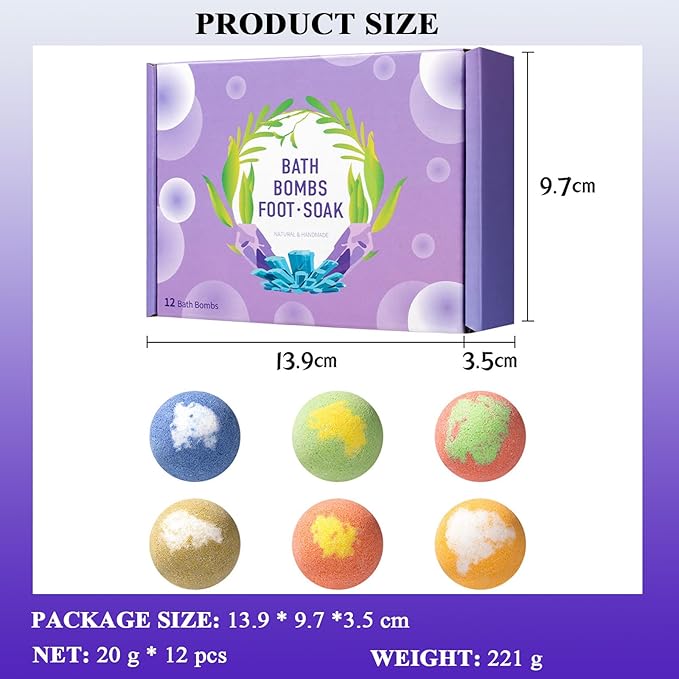 Foot Bath Bombs 12 Pack, Organic Natural Handmade Foot Soak with Bath Salt and Essential Oil, Foot Spa Bomb with Rich Bubbles for Relaxing Softening Moisturizing Dry & Tired Feet