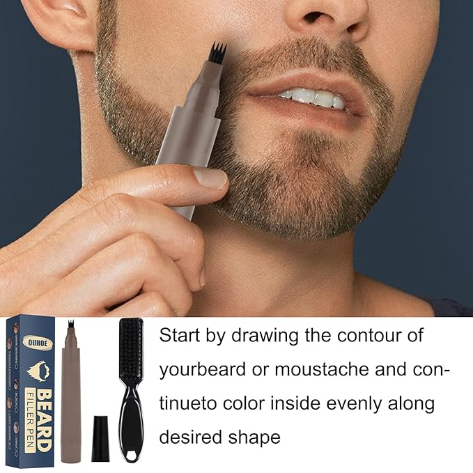 2 Pack Beard Pencil Filler for Men 4 Head Beard Filler Pen with Beard Brush Kit Beard Shaping Tool Waterproof Creates Natural Beard and Brows（Black，Dark Brown）