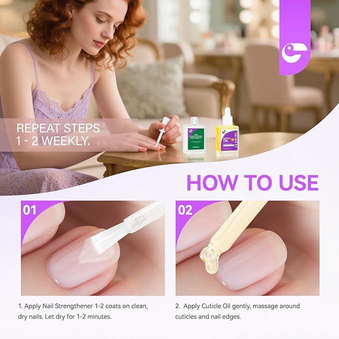 Nail Strengthener & Cuticle Oil Kit: Orange & Clear (15ml) - Protein Nail Hardener for Weak Nails - Vitamin E Enriched - Fast Growth & Repair - Salon & Home Use