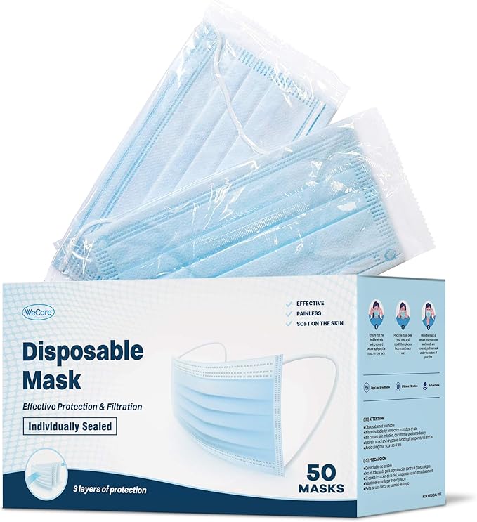 WECARE Disposable Face Mask Individually Wrapped - 50 Pack, Printed Masks - 3 Ply