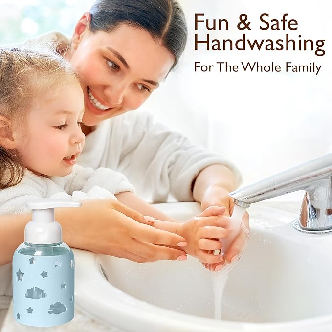 SoCal Suds & Company Foaming Hand Soap Dispenser Glass, Liquid Soap Pump with Cloud & Star Sleeve, Refillable Bottle for Kids, Baby Wash & Shampoo, Ideal for Bathroom & Kitchen Use, Light Blue, 8oz