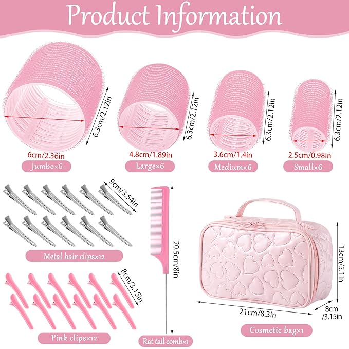Obeoby 4 Sizes Hair Rollers with Gift Makeup Bag, Pink Easter Gifts Rollers Hair Curlers for Long, Short Hair and Bangs, Birthday Easter Basket Stuffers for Women Girls