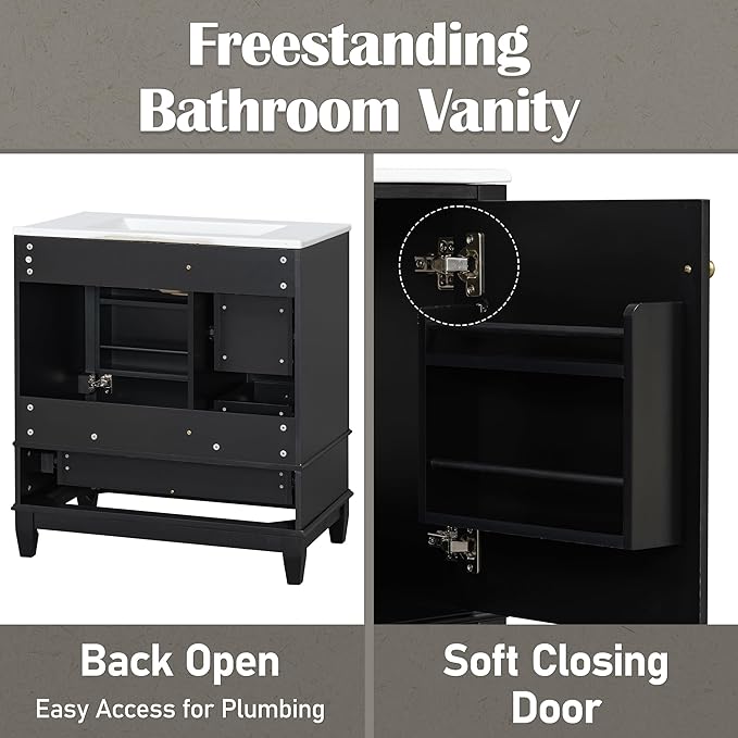 30" Bathroom Vanity with Sink, Harper & Bright Designs Free Standing Single Vanity Set with 3 Drawers and One Door with Storage Racks, Solid Wood Storage Cabinet with Ceramic Basin for Bathroom, Black