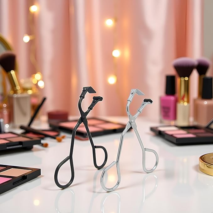 2 Pcs Eyelash Curler with Refill Pads - Mini Lash Curler for All Eyelash Shapes - Professional 2-in-1 Beauty Kit with Precision Tweezers - Stainless Steel Design for Perfect Control (Black+Silver)