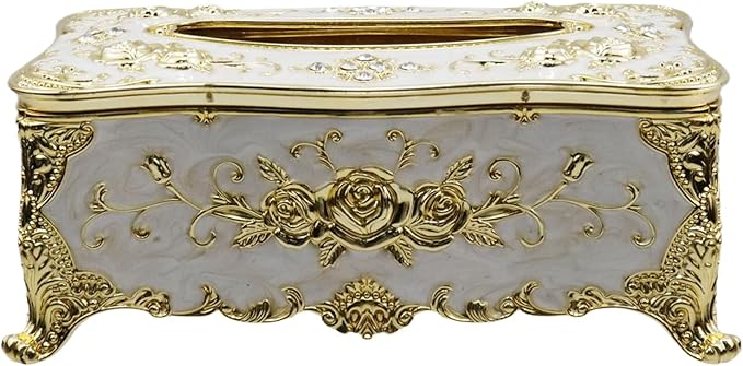 9.45"x5.43"x3.94" Luxurious Rose Tissue Box with Imitation Diamonds, Embossed Flowers, Elegant Tissue Paper Holders for Home Toilet Bath Hotel,Gold-White