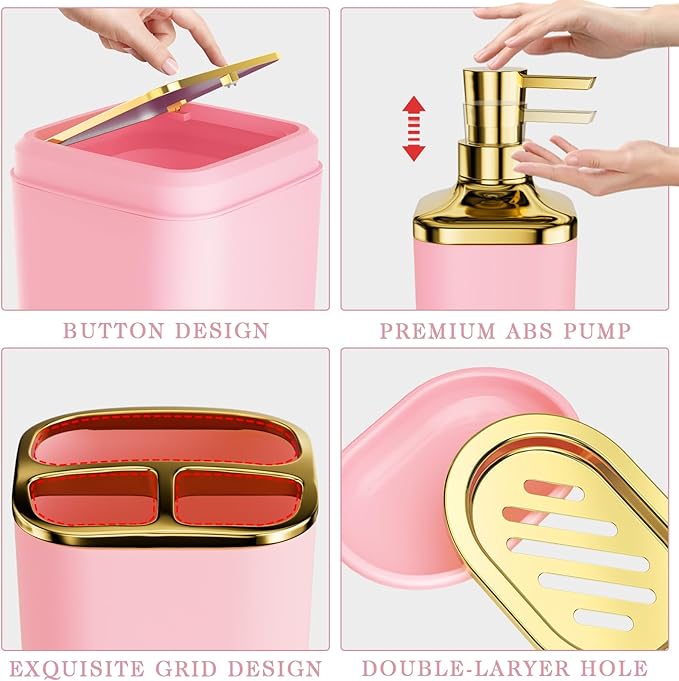 Bathroom Accessories Set - Luxury Pink Bathroom Set, 9 Pieces Bathroom Accessory Set, Pink Bathroom Accessories with Trash Can, Toilet Brush & Soap Dispenser