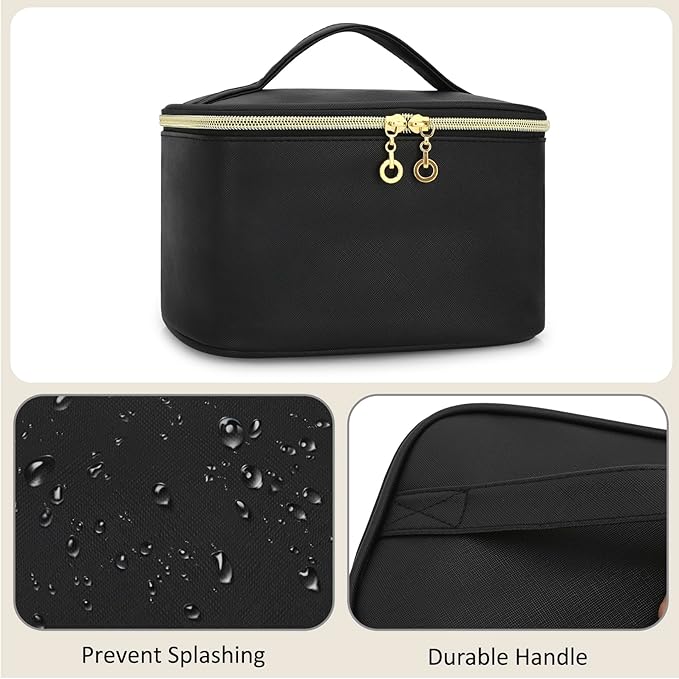 Small Makeup Bag Travel Cosmetic Bag Toiletry Zipper Pouch Make Up Organizer Bag with Handle Purse for Women Soft PU Leather Skincare Case (L02-Black)
