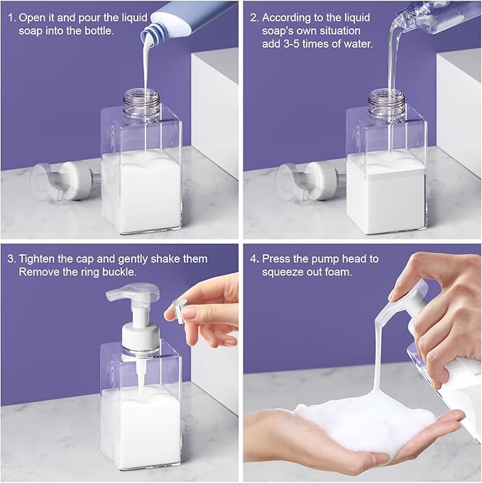 Foaming Soap Dispenser for Bathroom & Kitchen 15 Oz, Refillable Foam Hand Soap Dispenser for Liquid Soap, 2Pcs Foam Pump Bottle with Waterproof Labels, Clear