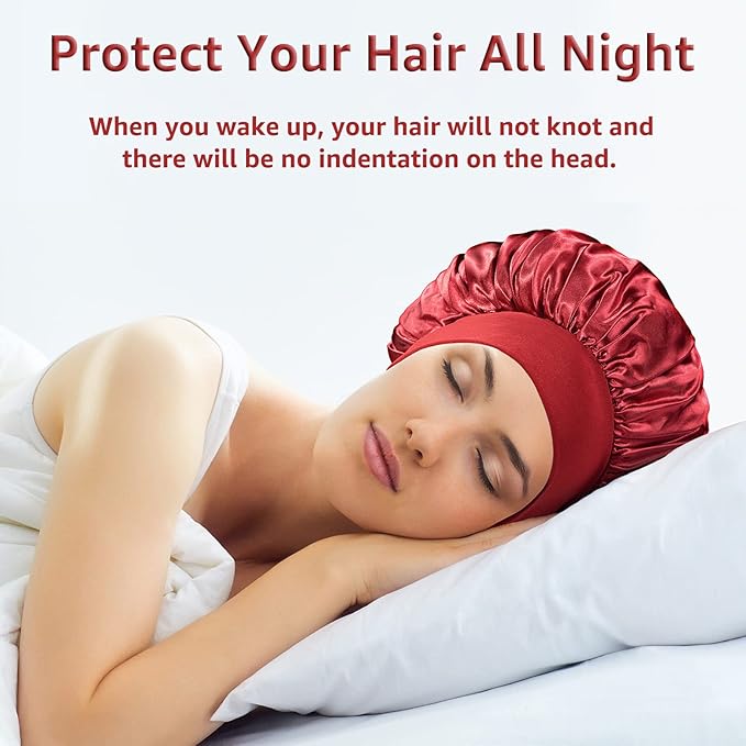 2 Pack Satin Bonnet Silk Bonnet for Sleeping Women, Hair Sleep Bonnets for Women, Wide Soft Band Large Sleep Cap for Curly Hair Braids