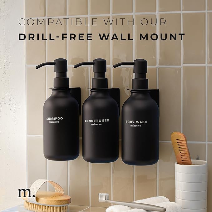 MaisoNovo Refillable Shampoo and Conditioner Bottles - 16.9 fl oz Set of 3 Black Plastic Bottles Black Plastic Pumps