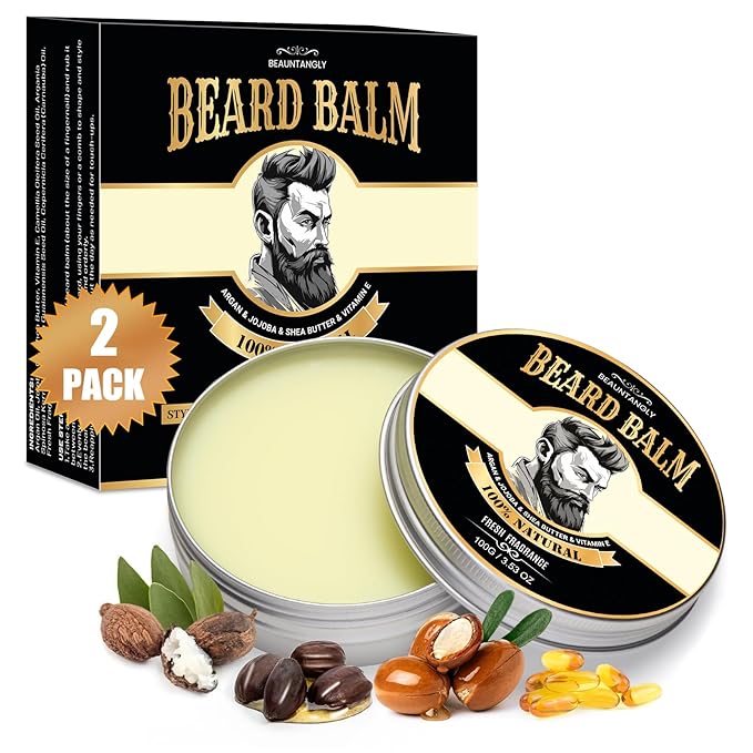 2 PACK Beard Balm for Men, 100% Natural with Shea Butter, Argan Oil, Jojoba Oil, Vitamin E - 7.06 OZ Beard Softener Moisturizer for Men