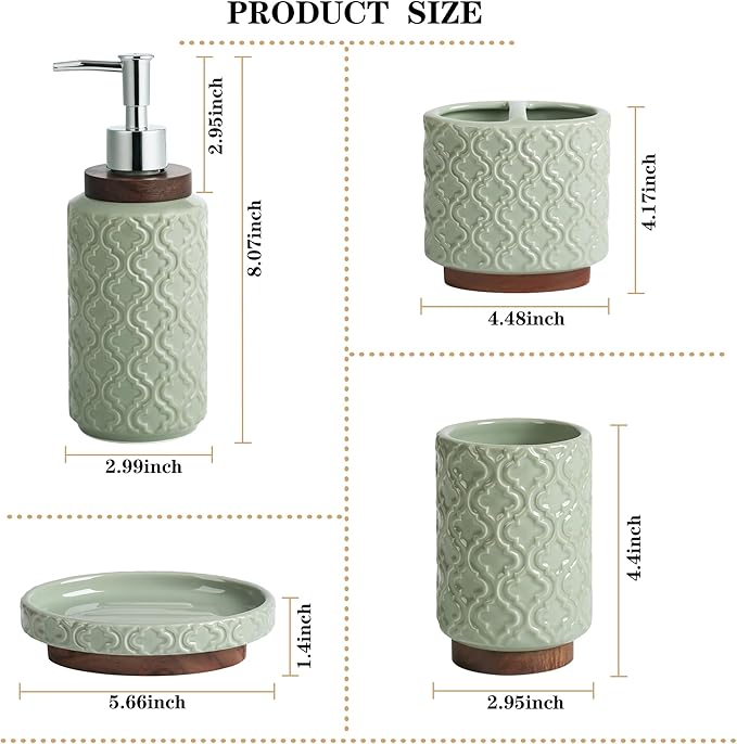 Elegant Bathroom Accessories Set 4 PCS Ceramic and Wood Bathroom Accessory Set Soap Dispenser Toothbrush Holder Tumbler Soap Dish Easy to Clean Quatrefoil Pattern Green