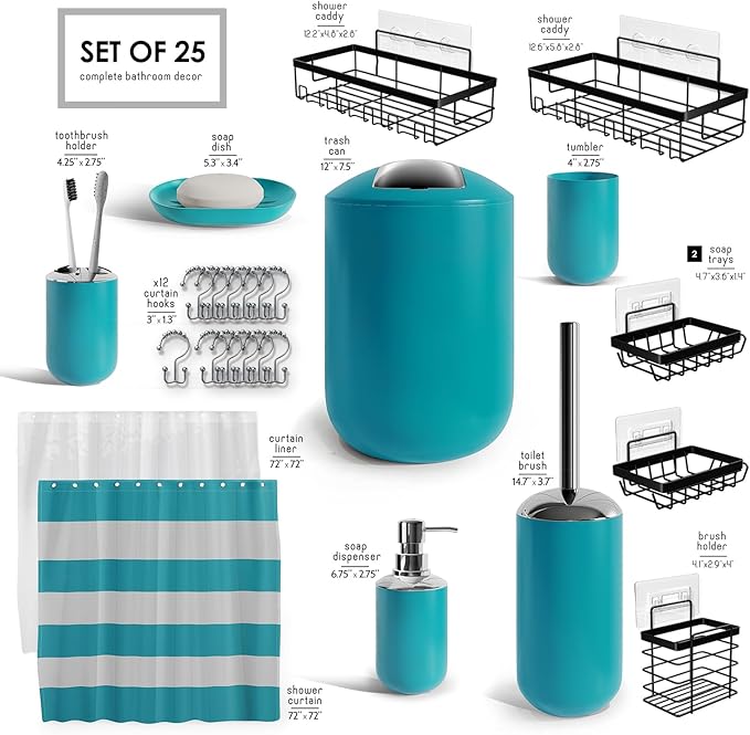 Clara Clark Bathroom Accessories Set - Bathroom Set with Adhesive Corner Shower Caddy Hanging, 25PC Bathroom Accessory Set, Teal Shower Curtain Set, Toilet Brush, Trash Can & Soap Dispenser