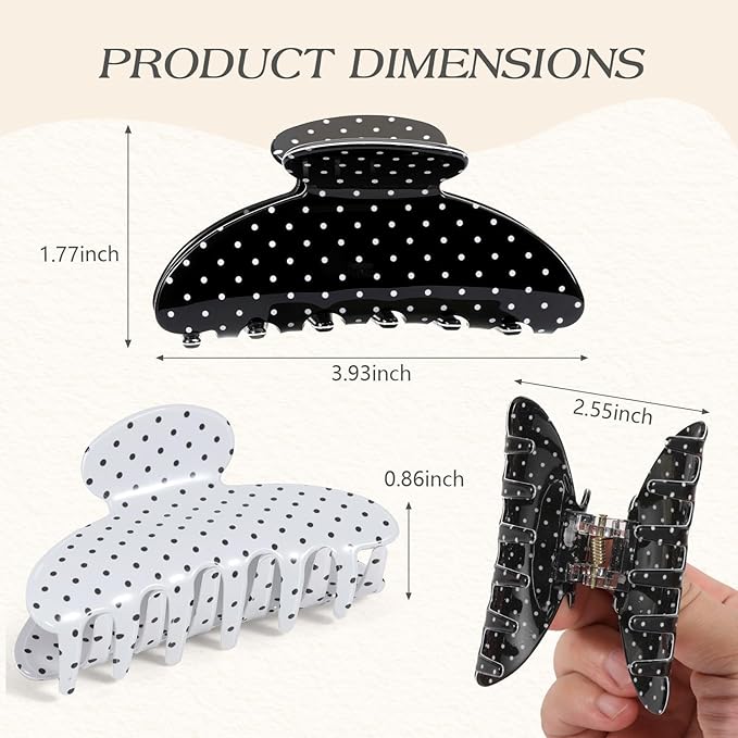 2 Pack Medium Hair Clips for Women, Strong Hold Recycled Plastic Claw Clips for Thick Hair Polka Dot | Great for Updo Half Up Hairstyle | Ideal Gifts for Women - Black and White Holiday Gift