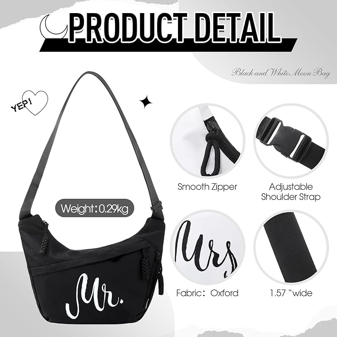 2 Pcs Wedding Gift Mr Mrs Crescent Bag Mr Mrs Travel Sling Crossbody Bag with Adjustable Strap for Bride Groom Couple Bridal Shower Engagement Bachelorette Party Honeymoon Gifts, Black White