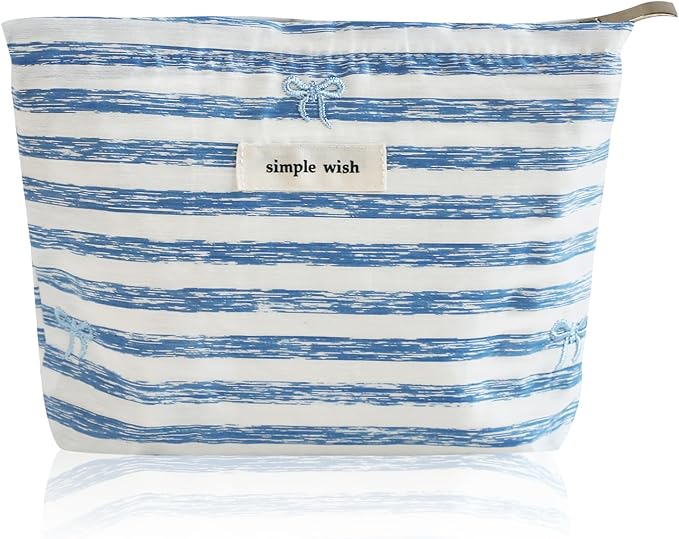 Wudygirl Makeup Bag Travel Cosmetic Bag for Women Small Makeup Pouch Zipper Cosmetic Pouch Handbag Aesthetic (Striped Bow)