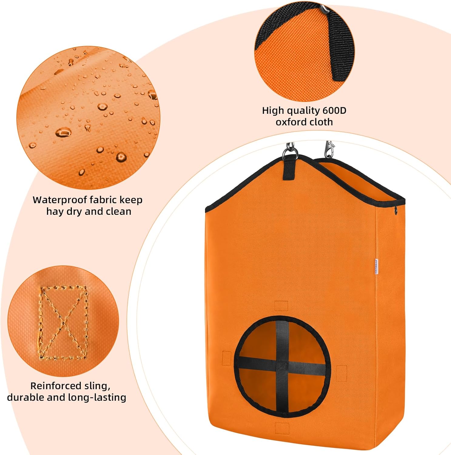 3 PCS Goat Hay Feeder,Hay Bags for Horses,Goats,Donkeys with Reinforced Oxford Fabric and High Strength Metal Clasp,Horse Feeding Supplies with Adjustable Strap for Easy Hanging (2Orange+1Black)