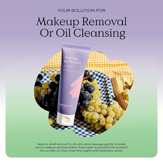 KraveBeauty Makeup Re-wined Cleansing Oil Makeup Remover, Transforming Jelly Oil Cleanser Dissolves Waterproof Makeup & SPF with Sunflower & Grape Seed Oils, Fragrance Free, 100 mL