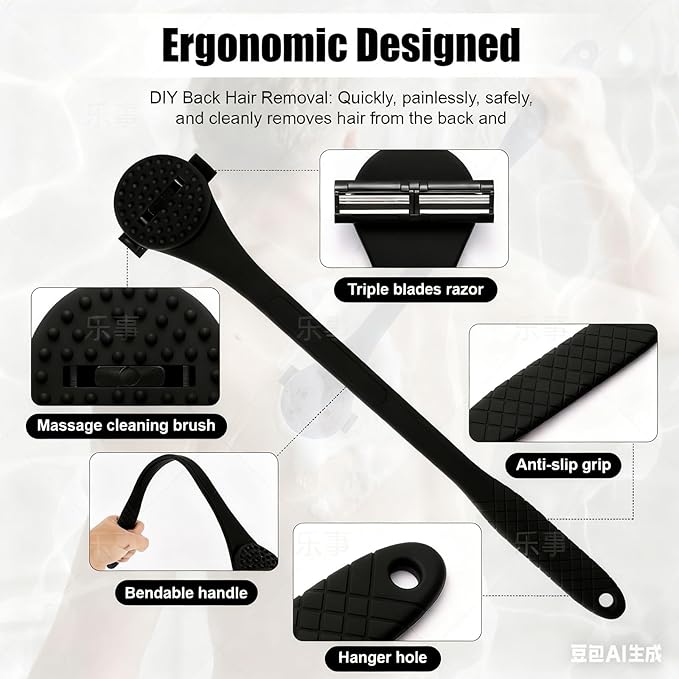 Back& Body Shaver for Men,Back Hair Trimmer for Men with Long Bendable Ergonomic Silicone Handle,10 of The Wet or Dry Disposable Razor Blades,Bath Brush Included(Black)