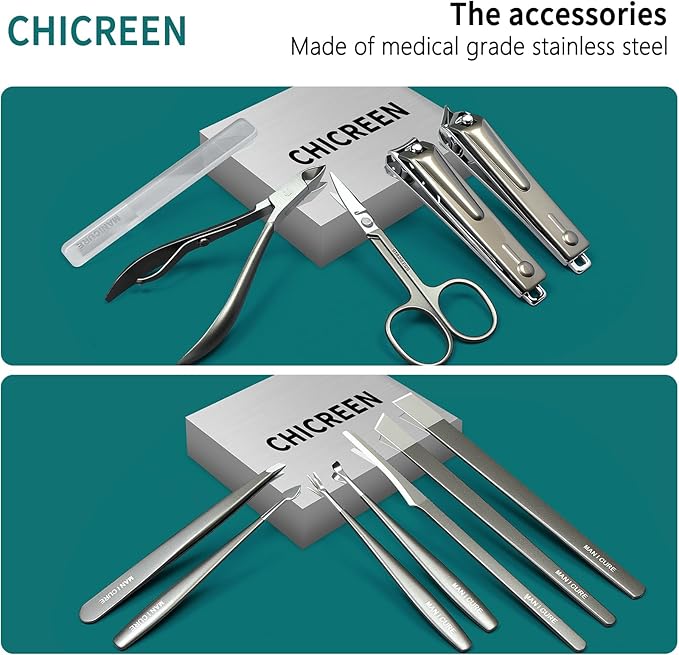 Manicure & Pedicure Set 12 in 1, Nail Clippers Set, Quality Fingernail& Toenail Clipper, Professional Nail Care Kit with Exquisite Leather Case for Men & Women (12 Pack)