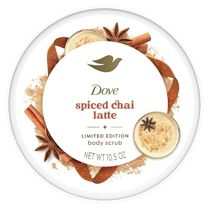 Dove Exfoliating Body Scrub – Spiced Chai Latte, Deeply Nourishing Exfoliant with ¼ Moisturizing Cream, 10.5 oz