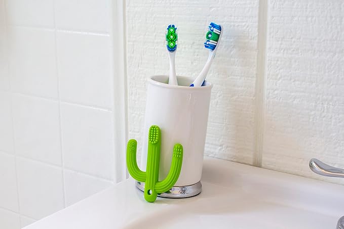 Bizzu Silicone Teether Toothbrush for Infants, Cactus Baby Gum Massager with Multiple Textures, BPA-Free Food-Grade Silicone, Dishwasher & Freezer Safe, Green