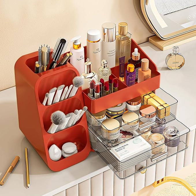Red Makeup Organizer with Drawers for Vanity, Spacious Cosmetic Display Case, Perfect Storage Solution for Your Beauty Essential
