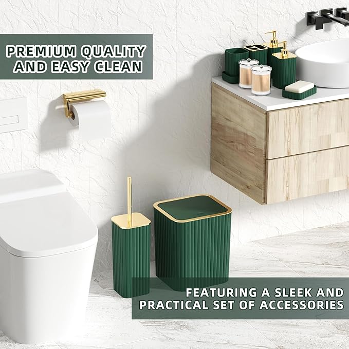 Bathroom Accessory Set - 25PC Green Bathroom Sets, Bathroom Set with Shower Curtain and Rugs, Dark Green Shower Curtain Set, Trash Can, Qtip Holder & Soap Dispenser