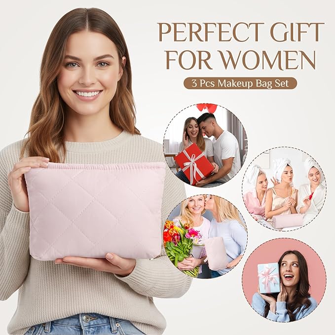 Paterr 3 Pcs Quilted Makeup Bag Set Small Bridesmaid Cosmetic Bag Aesthetic Travel Toiletry Pouch Cute Purse Pencil Case Makeup Storage Organizer for Women Birthday Gifts(Cotton,Pink)