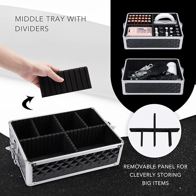FRENESSA 3 in 1 Rolling Makeup Train Case Professional Cosmetic Trolley Large Storage with Keys Swivel Wheels Salon Barber Case Traveling Cart Trunk for Make Up Hairstylists Nail Tech, Vintage Black