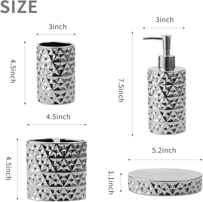 Silver Bathroom Accessories Set, 4 Piece Ceramic Bath Accessory Sets Complete, Diamond Soap Dispenser and Silver Toothbrush Holder Set for Bathroom Counter Sink, Farm Modern Bathroom Decor