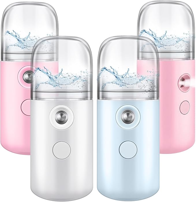 Mudder 4 Pcs Nano Facial Mister Handy Nano Mist Sprayer 30ml Visual Water Tank Portable Face Steamer Mini USB Mister for Lash Extensions, Skin Care, Makeup(White, Light Pink, Blue, Pink)
