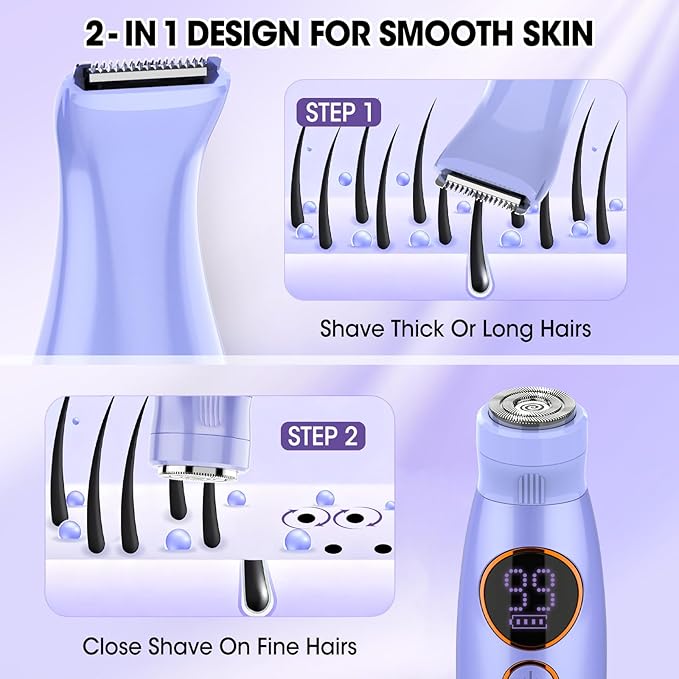 5 in 1 Bikini Trimmer for Women,IPX7 Waterproof Cordless Replaceable Pubic,Eyebrow,Facial Electric Razors&Nose Hair Trimmer&Painless Body Shaver for Arms Legs Underarms,USB Charge,LED Display,Wet&Dry
