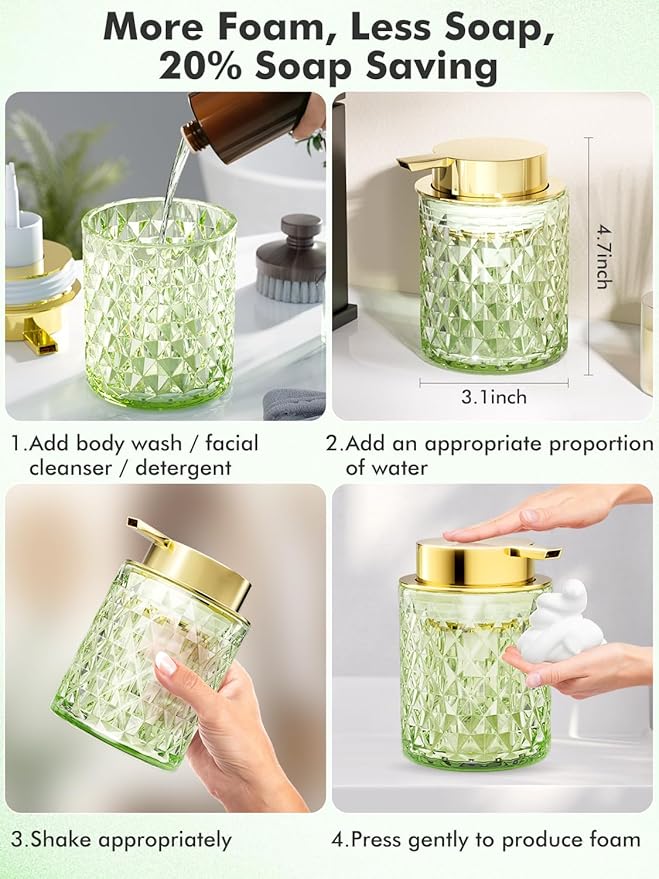 Bathroom Accessory Set, Foaming Soap Dispenser, Glass Hand Foaming Soap Dispenser, Refillable Pump Bottles for Liquid or Lotion, Crystal Decorative Handwash Dispenser for Bathroom, Kitchen,Green