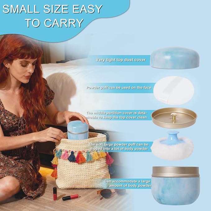 SHIMIDO Body Powder Puff and Container, 3.15" Portable Empty Body Powder Container for Baby Women's Loose Dusting Powder, Powder Case Box with Lids for Bath, Travel and Home Use (Aqua Blue)