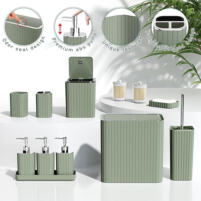 Bathroom Accessory Set - Bathroom Sets with Shower Curtain and Rugs, Sage Green Bathroom Set, 27PC Bathroom Accessories Set, Mini Trash Can, Toilet Brush, Trash Can & Soap Dispenser
