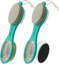 Foot File Callus Remover 5-in-1, 2 Pcs Feet Scraper Pedicure Tools with Pumice Stone, Scrubber Brush, Stainless Steel Foot Rasp and Sand Paper Debris Catcher, Multi Purpose, Cyan