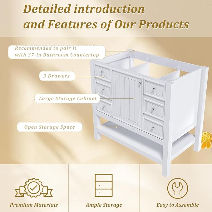 Montary 36" Bathroom Vanity Without Sink, Modern Stylish White Bathroom Storage Cabinet MDF, Freestanding Vanity with One Cabinet and Three Drawers, White (NOT Include Sink)