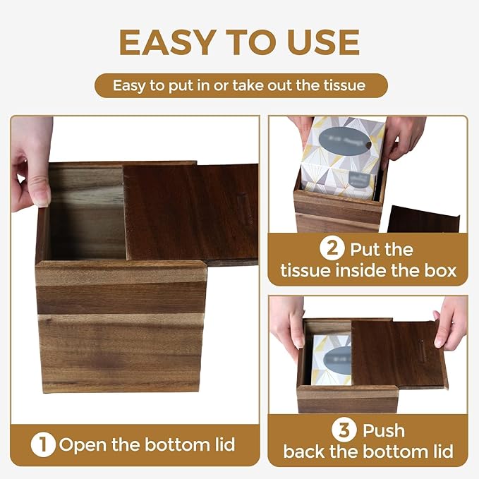 Wood Tissue Box Cover， Acacia Wood Tissue Box Cover Square, Decorative Cube Facial Wooden Tissue Box Holder with Slide-Out Bottom for Bathroom, Bedroom, Dinner Table, Office, Kitchen