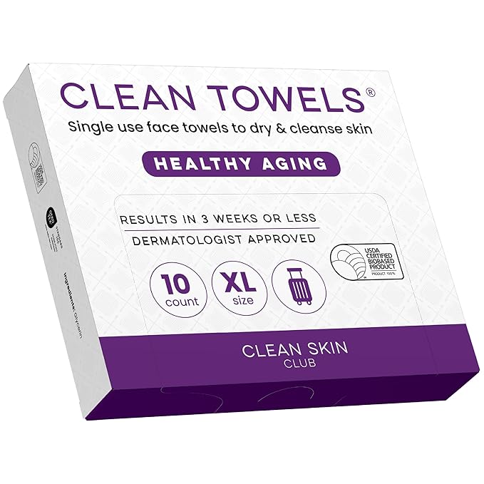Clean Skin Club Healthy Aging Clean Towels® XL, Travel Pack, Smooths Fine Lines Wrinkles & Texture, Disposable Face Towels, Anti-Aging Dry Wipes, TSA-Approved Travel Essential, 10 Ct