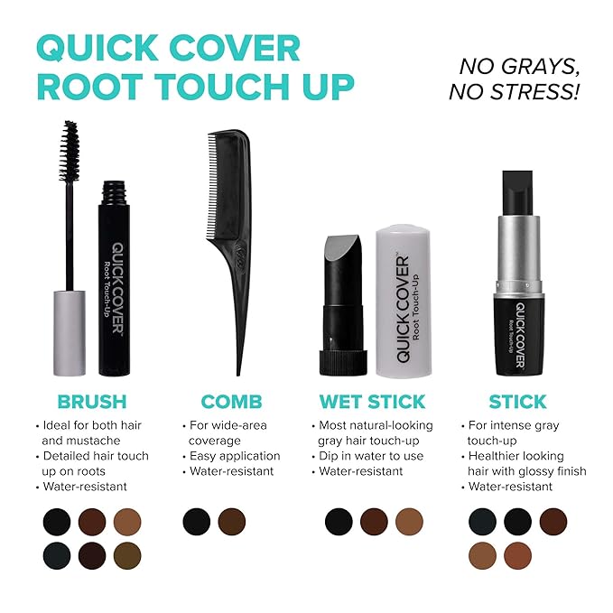 RED by Kiss Quick Cover Gray Hair Touch Up, Root Touch Up, Moisturize and Shine, Brush Type & Stick Type Set (Jet Black)