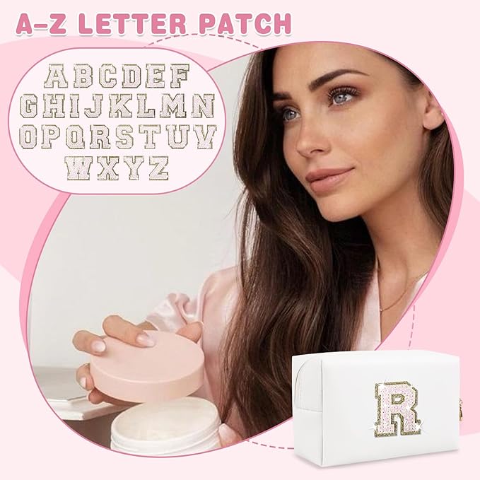 Small Initial Patch Makeup Bag Personalized Gifts Make Up Bag,White Cute PU Leather Glitter Letter Cosmetic Bag with Zipper,Trendy Portable Travel Toiletry Pouch,Preppy Stuff for Teen Girls Women R