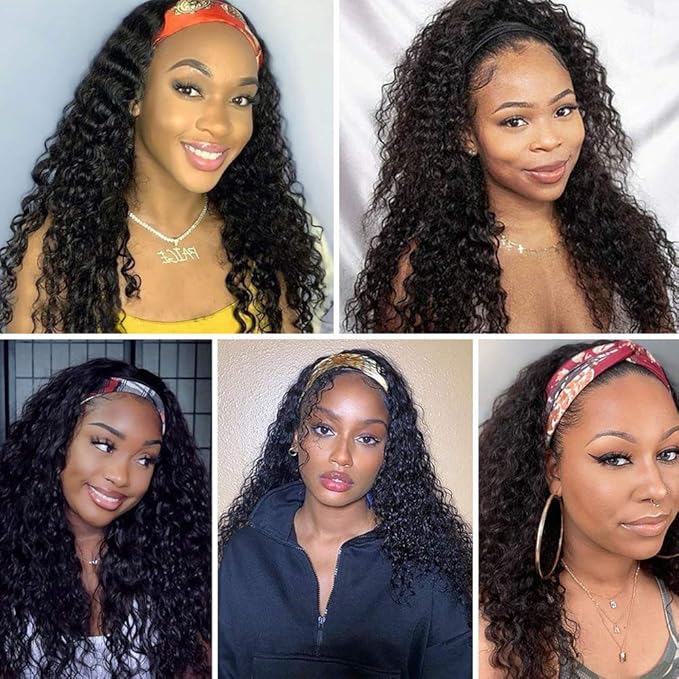 XSY Headband Wig Human Hair Deep Wave 20 Inch Curly Headband Half Wigs for Black Women 10A Brazilian Virgin Glueless Wear Go Wigs 150% Density Natural Black Color
