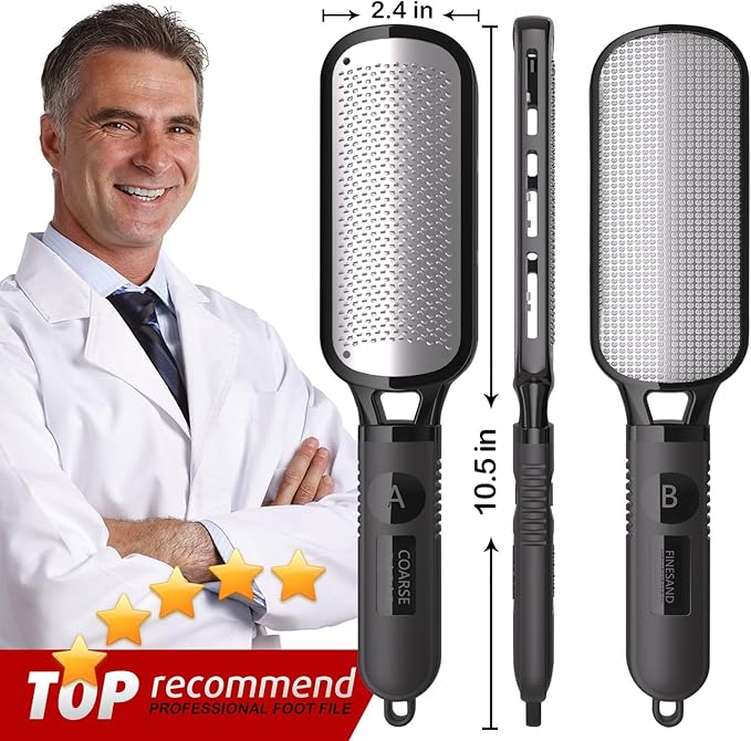 Antonki Foot File for Dead Skin, Double Sided Callus Remover for Feet, Metal Foot Scrubber for Cracked Heel, Professional Foot Scraper Rasp Pedicure Tool to Remove Hard Skin - 2 in 1 Foot File