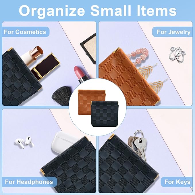 4PCS Small Makeup Bag for Purse, Mini Leather Pocket Cosmetic Bag for Women, Waterproof Portable Makeup Pouch No Zipper Coin Purse Lipstick Bag Accessories, Checkered Travel Storage Bag(Black, Brown)