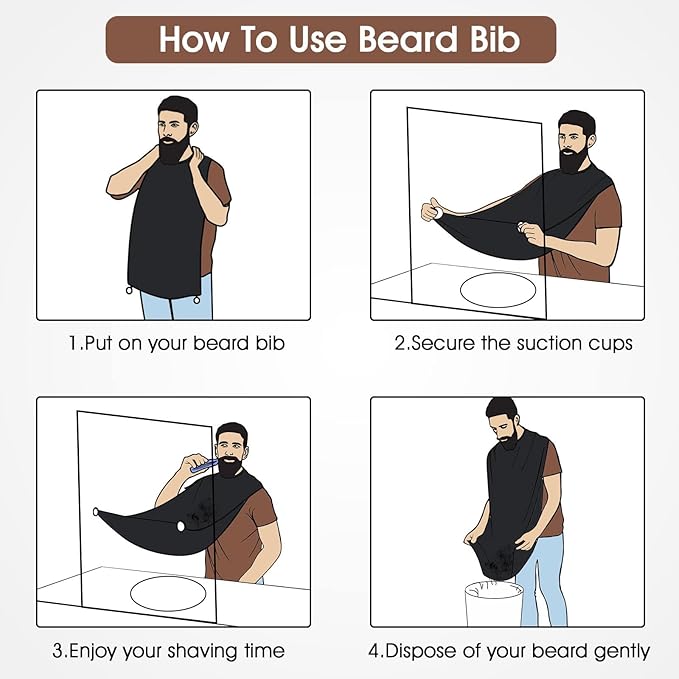 Beard Bib Apron, Stocking Stuffers Christmas White Elephant Gifts for Men Adults Dad Husband, Beard Hair Catcher for Sink, Non-Stick Beard Cape with 3 Suction Cups, Grooming Accessories(Black)