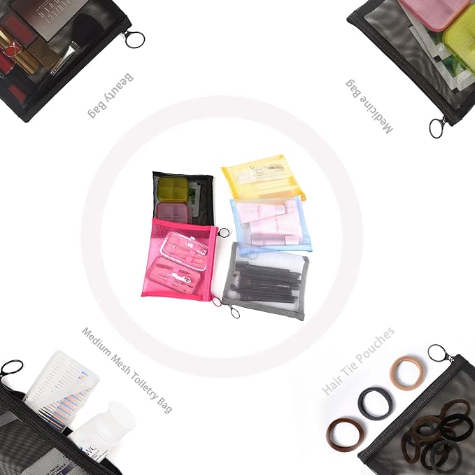 patu Zipper Mesh Bags, Size M / A6, 5 Pieces, Beauty Makeup Cosmetic Accessories Organizer, Travel Toiletry Kit Set Storage Pouch, Assorted Colors