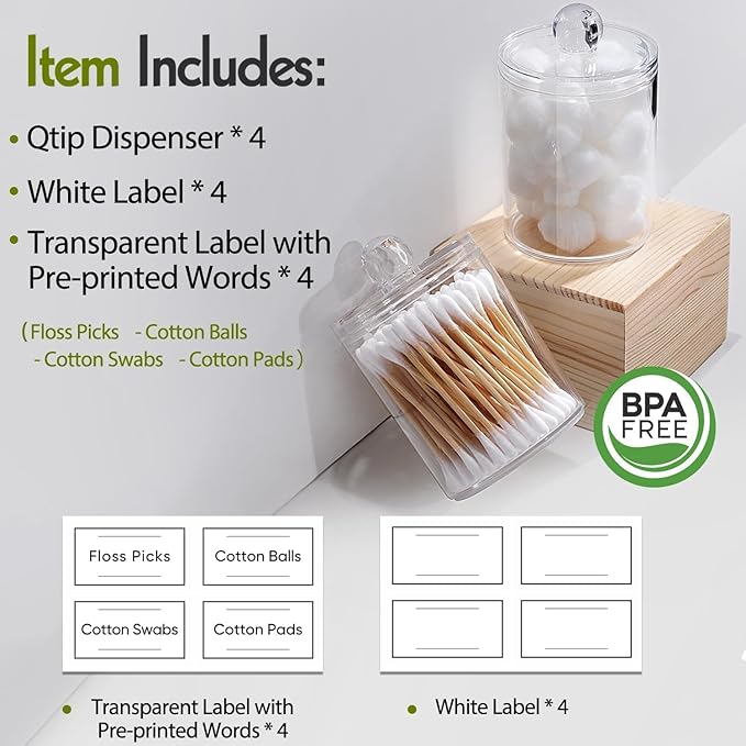 4 Pack Acrylic Qtip Holder Dispenser for Cotton Swabs, Balls, Pads, Floss Picks- Small Clear Acrylic Canister Apothecary Jar Set, Bathroom Essentials Accessories Decor, Vanity Makeup Storage Organizer